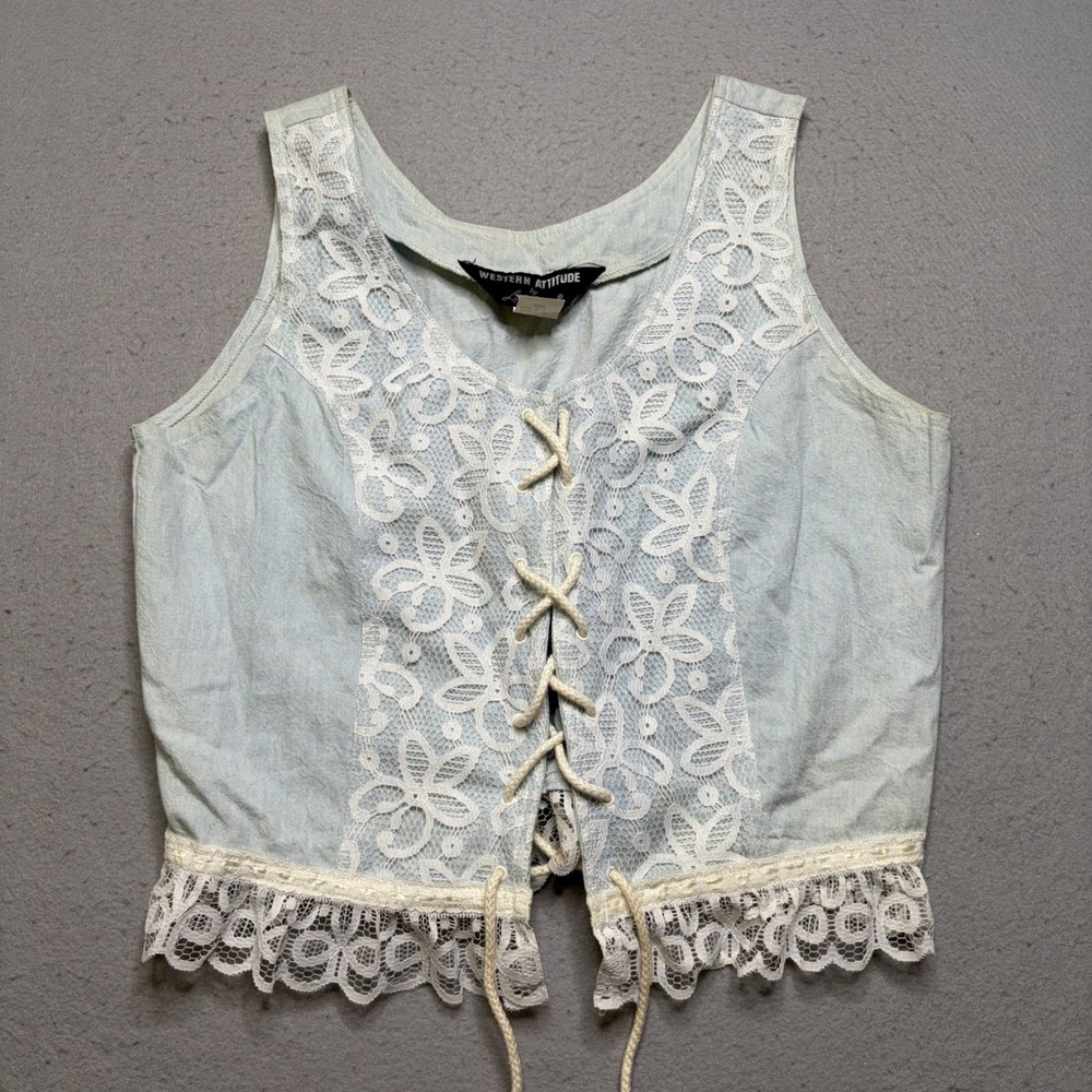 Western Attitude Vest Womens Large Blue Vintage 80s Lace Up Corset Floral Crop